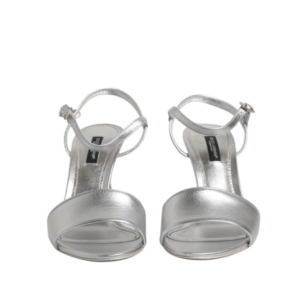 Dolce & Gabbana Silver Leather DG Heels Keira Sandals Women's Shoes